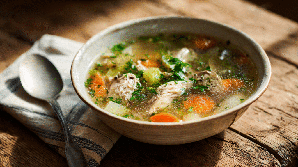 Bowl of gluten free chicken soup with vegetables