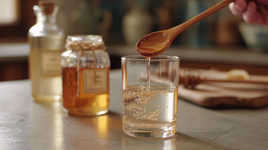 Stirring morning mineral tonic with wooden spoon