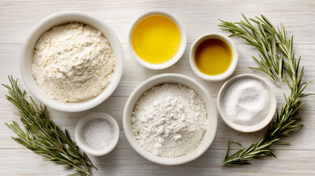 Ingredients for Easy Gluten Free Focaccia on a wooden table
