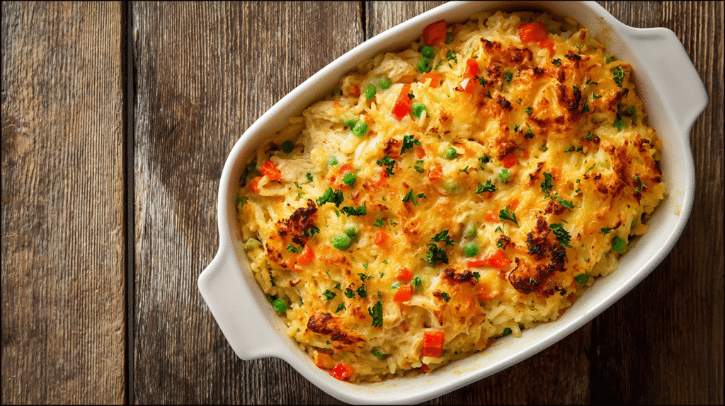 Gluten Free Chicken and Rice Casserole in Baking Dish