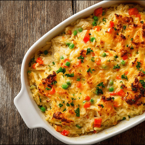 Gluten Free Chicken and Rice Casserole in Baking Dish