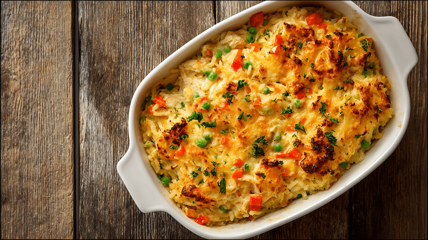 Gluten Free Chicken and Rice Casserole in Baking Dish