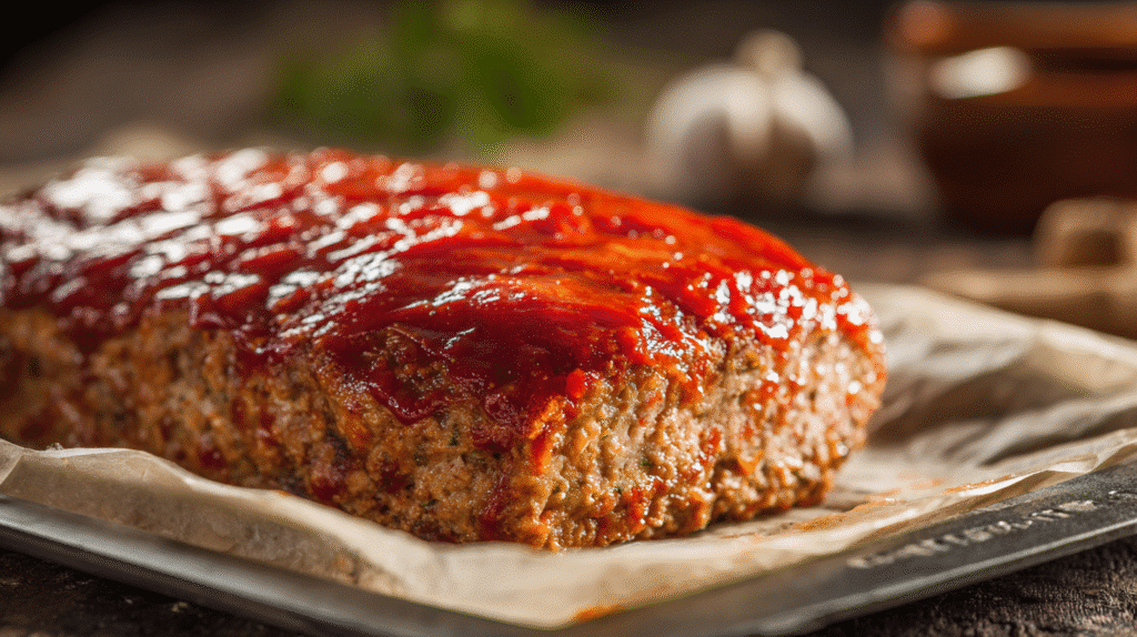 Unbaked gluten-free meatloaf with glaze ready for oven