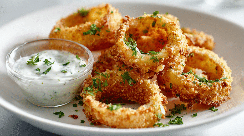 Plate of gluten-free onion rings with dip