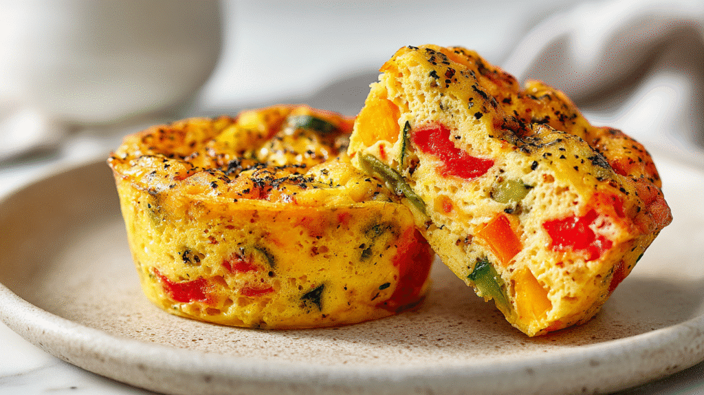 Plated gluten free veggie egg muffins with colorful interior