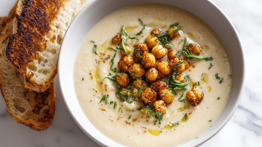 Creamy cauliflower soup served with chickpeas and herbs