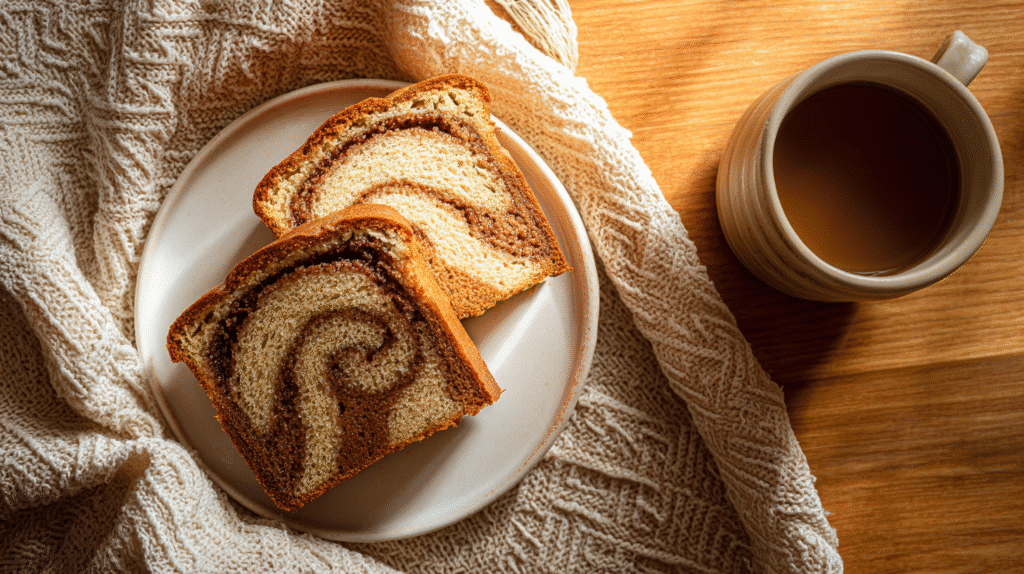 slices of gluten free cinnamon swirl bread on a white plate