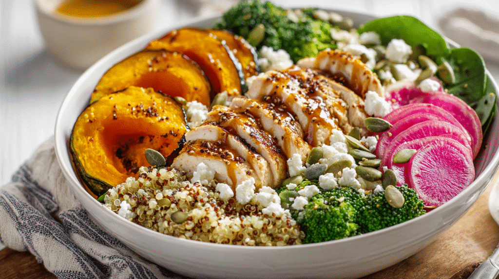 300-Calorie Gluten Free Buddha Bowl with roasted squash, quinoa, and chicken
