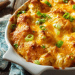 gluten free buffalo chicken casserole in white baking dish
