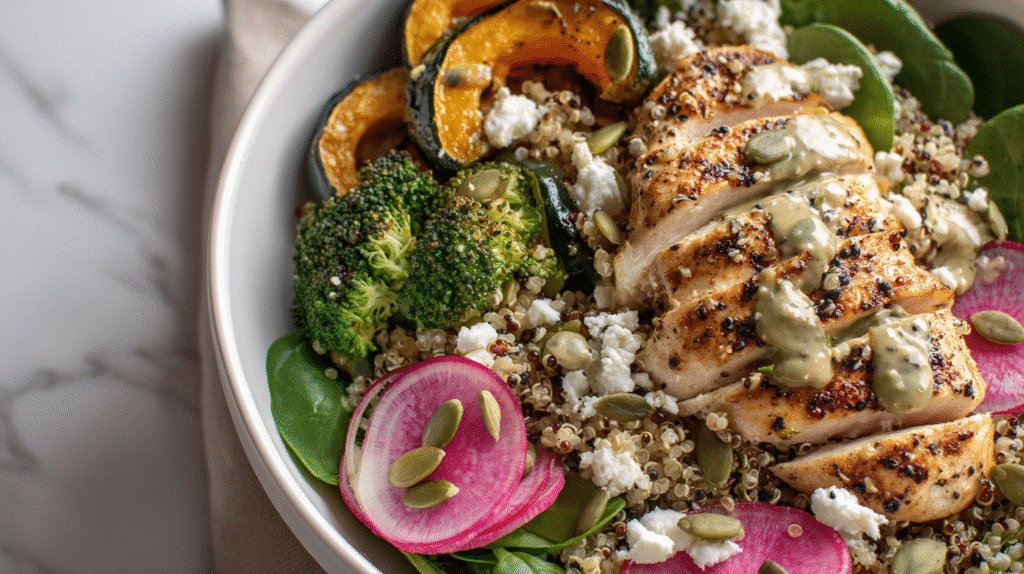 Healthy quinoa bowl with grilled chicken, roasted squash, broccoli, pink radish, feta, and pumpkin seeds.