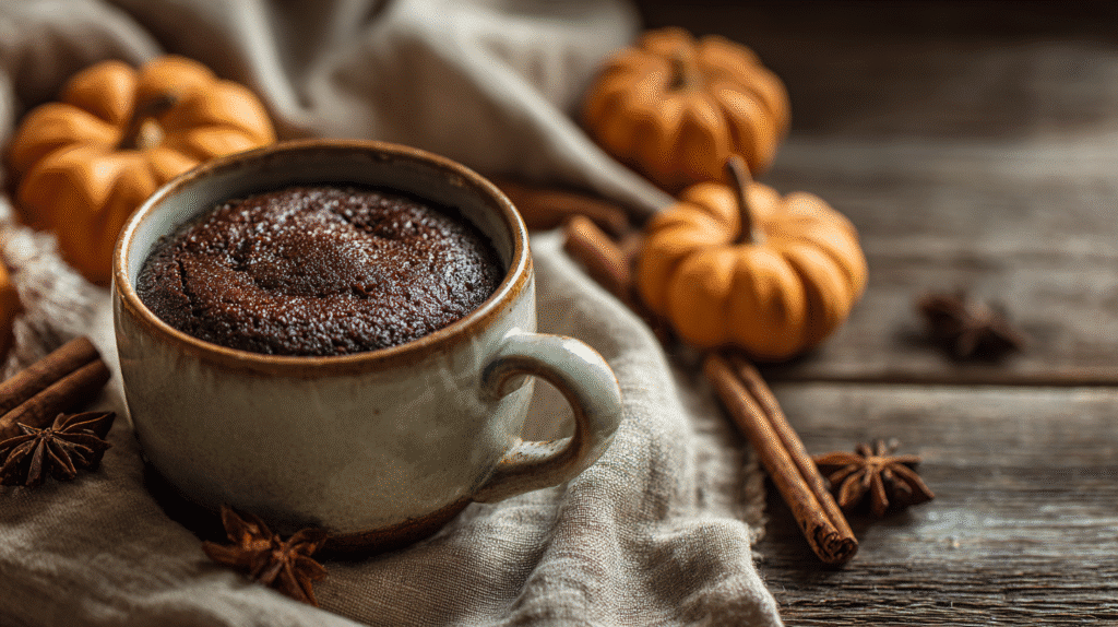 Chocolate mug cake in a ceramic cup with pumpkins and cinnamon sticks on a wooden table.