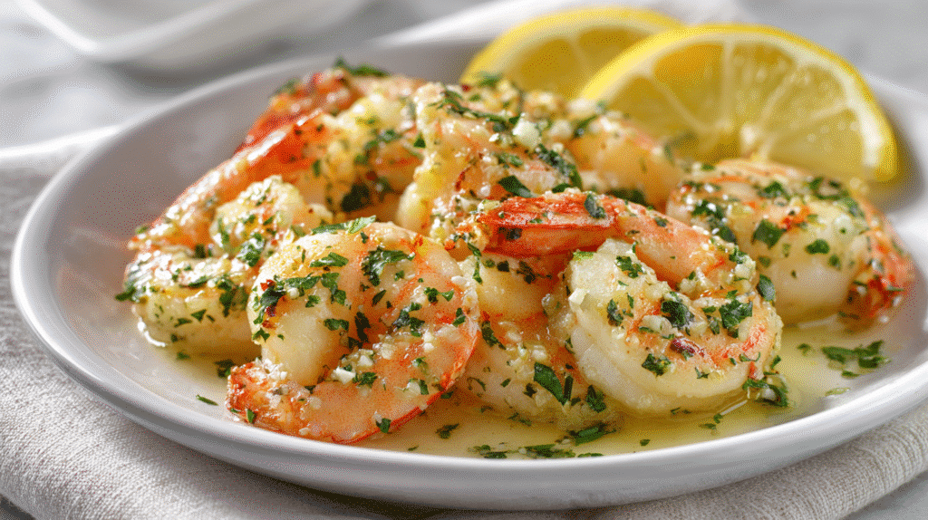 Garlic butter shrimp garnished with parsley and lemon slices on a white plate.