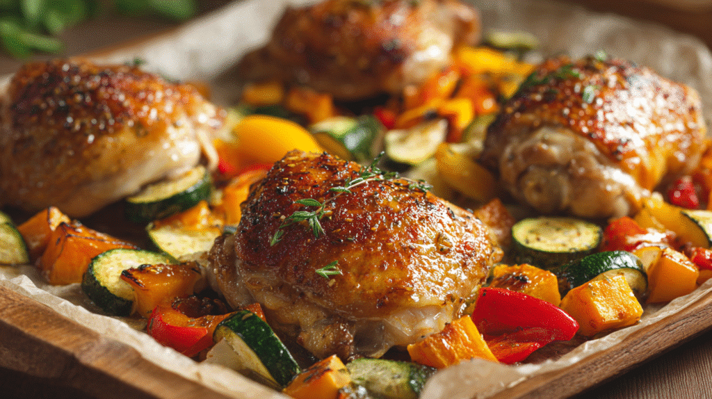Crispy baked chicken thighs with colorful roasted bell peppers, zucchini, and sweet potatoes on parchment paper.