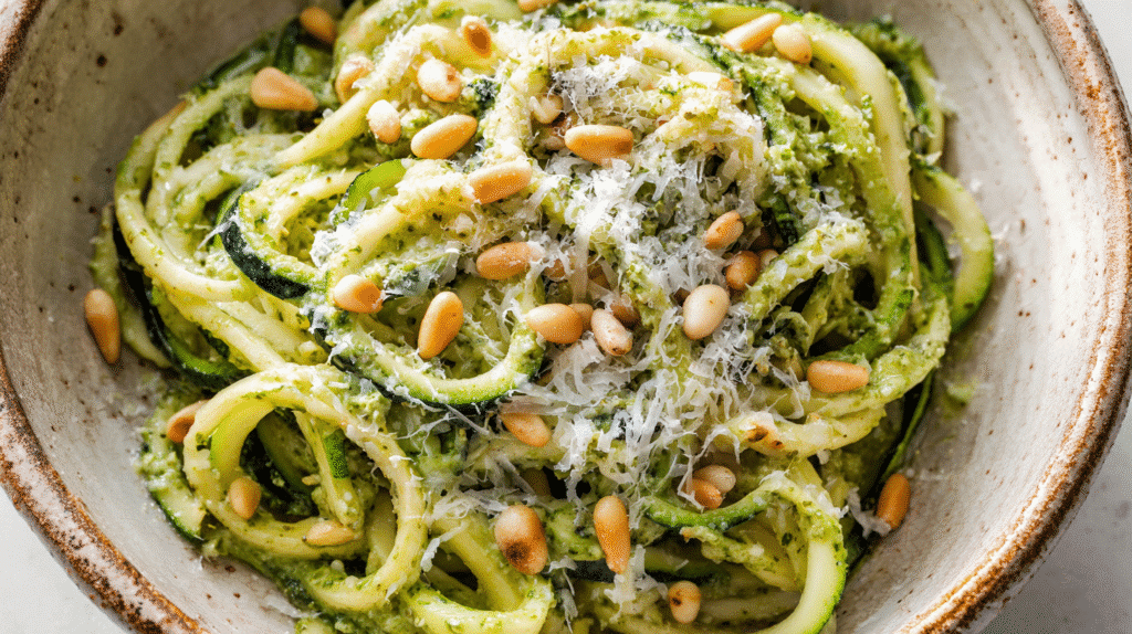 Zucchini noodles tossed in pesto sauce, topped with Parmesan and pine nuts in a ceramic bowl.