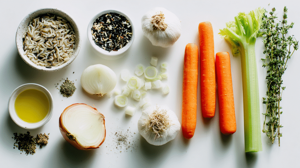Ingredients for gluten free wild rice soup laid out flat