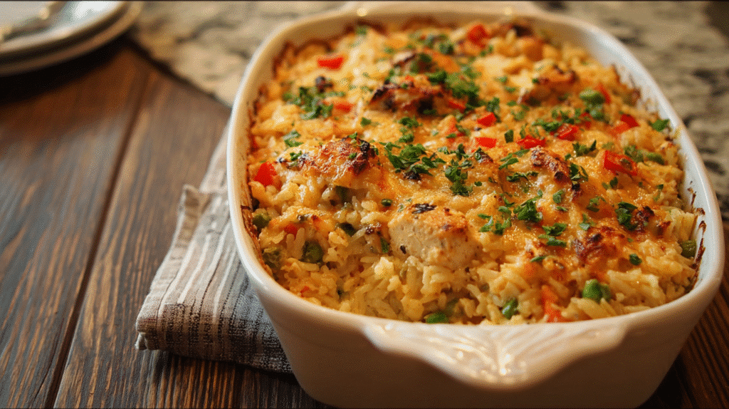 Creamy chicken and rice casserole baked with peas, carrots, and melted cheese in a white dish on a rustic wooden table.
