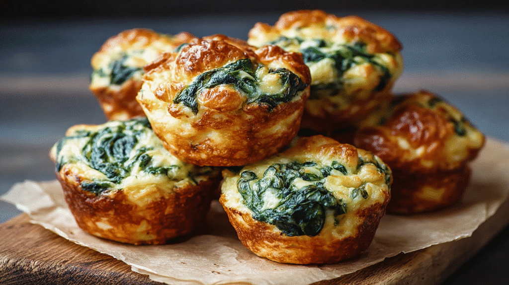 Golden-brown gluten-free spinach and cheese puffs stacked on parchment paper.