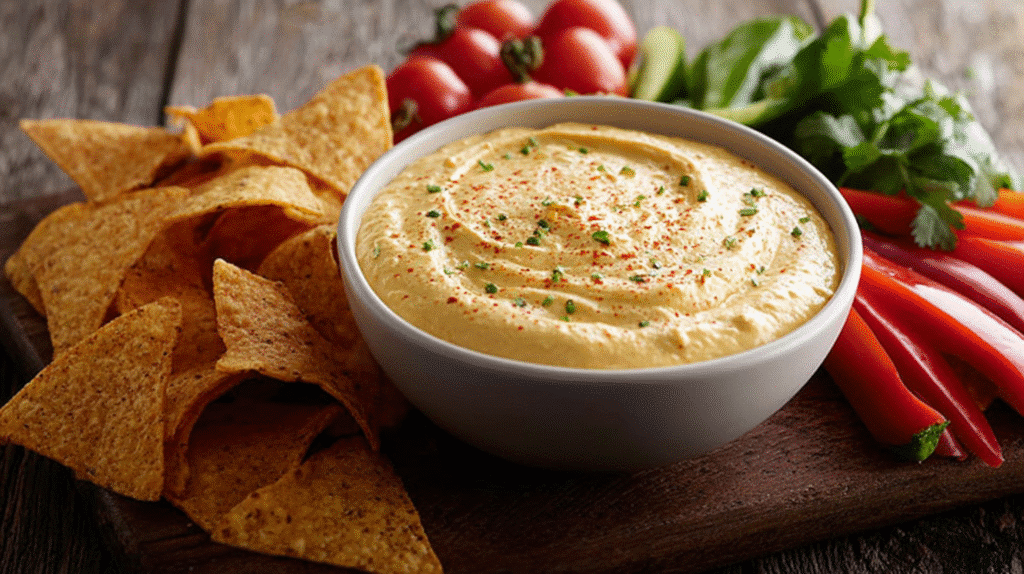 Creamy dairy-free nacho dip in a white bowl surrounded by fresh vegetables and corn tortilla chips.