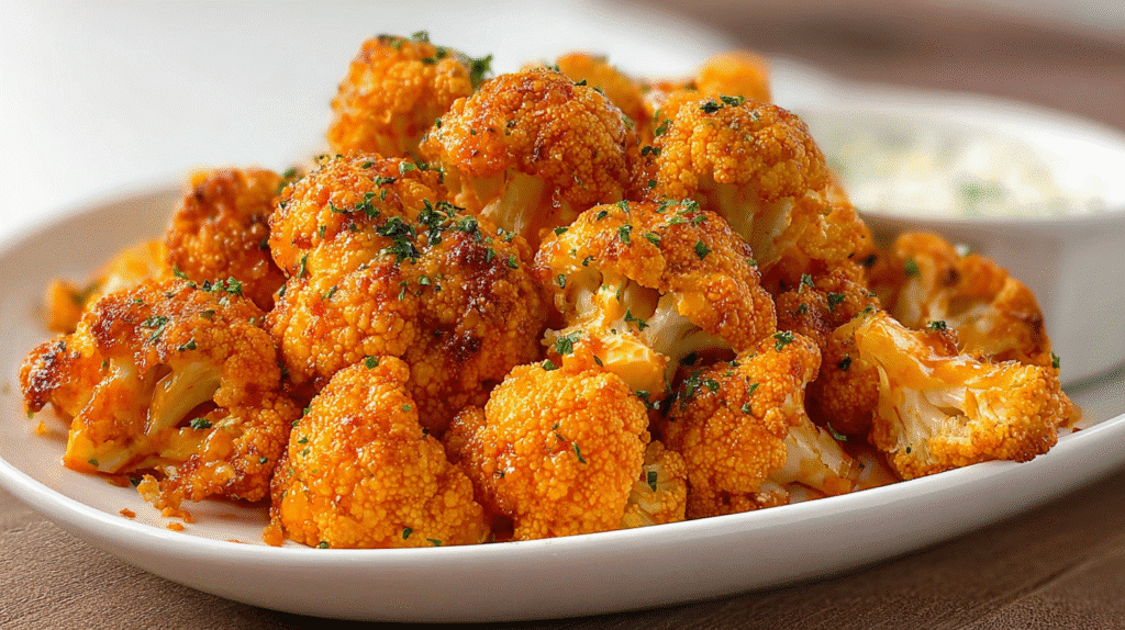 Golden roasted cauliflower bites coated in buffalo sauce and sprinkled with fresh herbs.