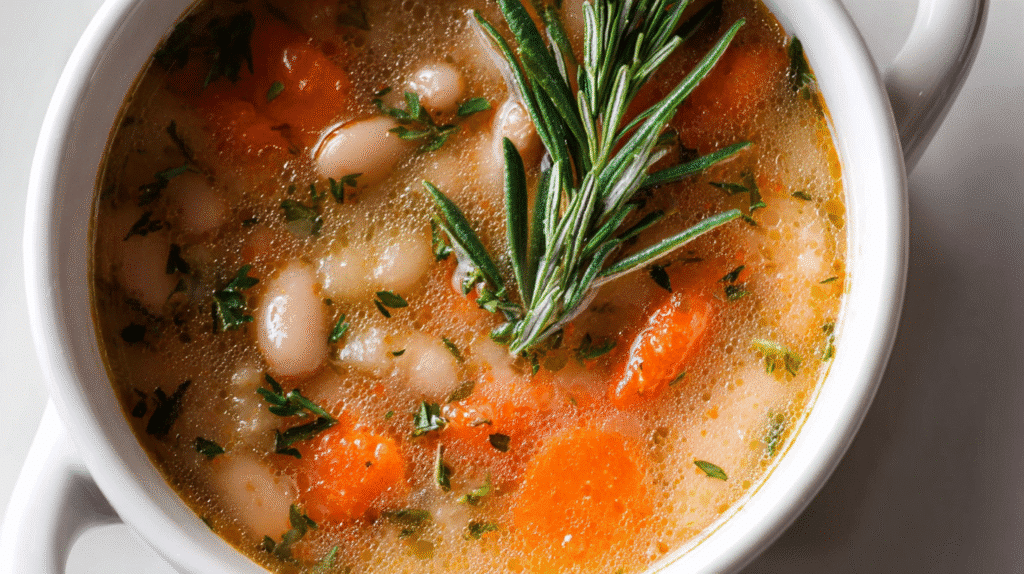 White bean soup with carrots, celery, and a fresh rosemary sprig served in a white bowl.