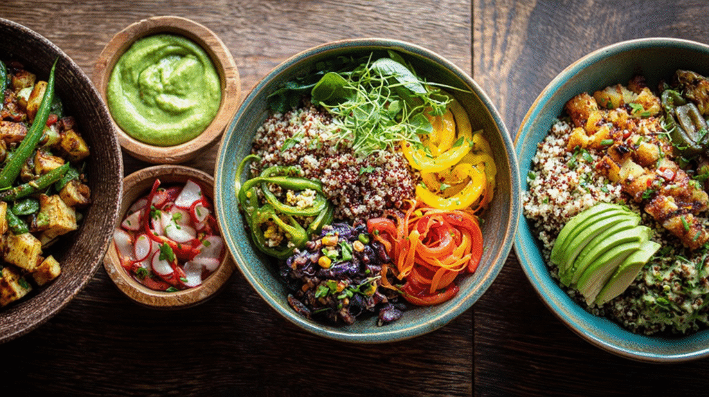 Colorful gluten-free veggie bowls filled with quinoa, grilled vegetables, avocado, broccoli, and spiralized vegetables arranged side by side.
