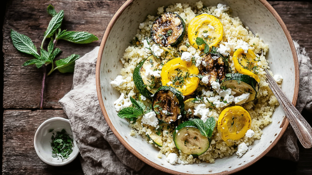 Bowl of cauliflower rice topped with grilled zucchini, yellow squash, fresh mint, and crumbled cheese on a rustic wooden table.