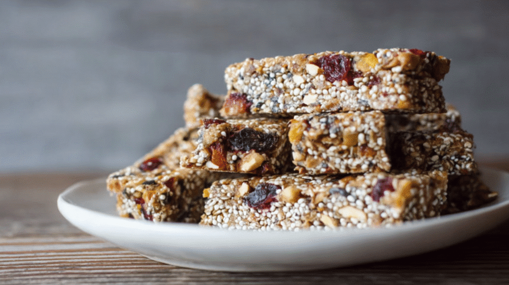 Homemade gluten-free snack bars stacked on a white plate with nuts, seeds, and dried fruit.