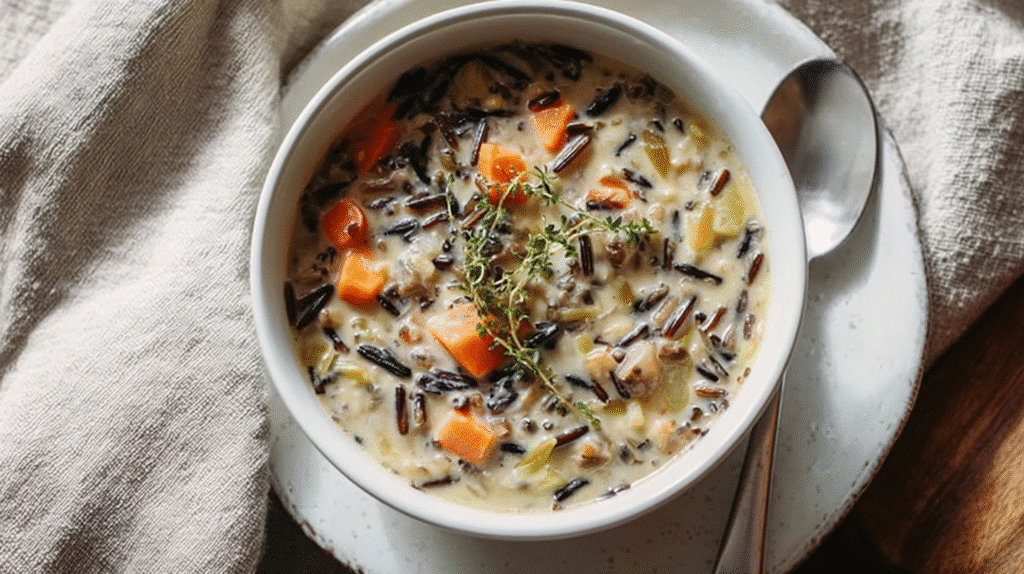 Creamy wild rice soup with carrots, celery, and fresh herbs served in a white bowl on a plate, with a spoon resting beside it on a soft linen cloth.