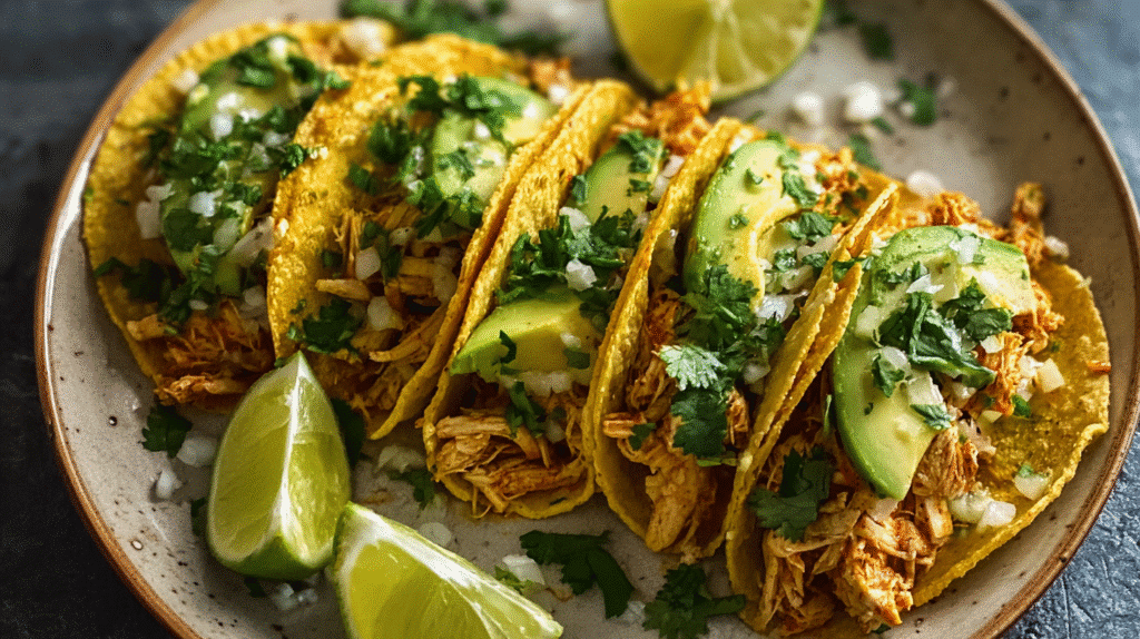 Small gluten-free chicken tacos topped with fresh avocado slices and cilantro, served with lime wedges.