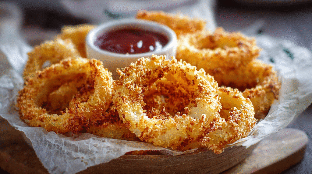 Crispy golden gluten-free onion rings served in a basket with dipping sauces in the background.