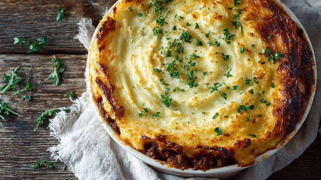 Shepherd’s pie topped with golden mashed potatoes and sprinkled with fresh parsley in a white baking dish on a rustic wooden table.