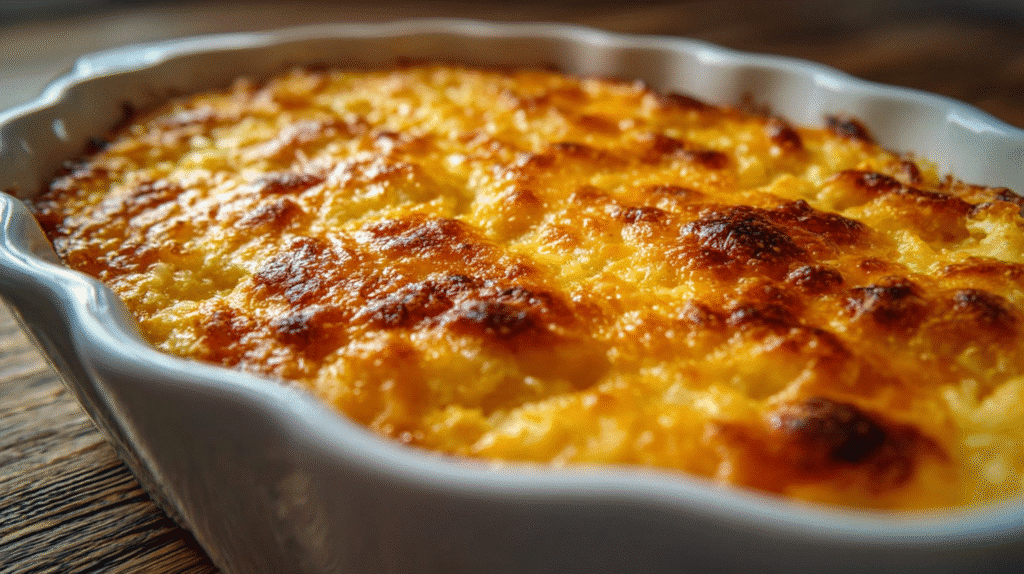 Golden baked potato casserole with a bubbly, cheesy top in a white scalloped baking dish on a wooden table.