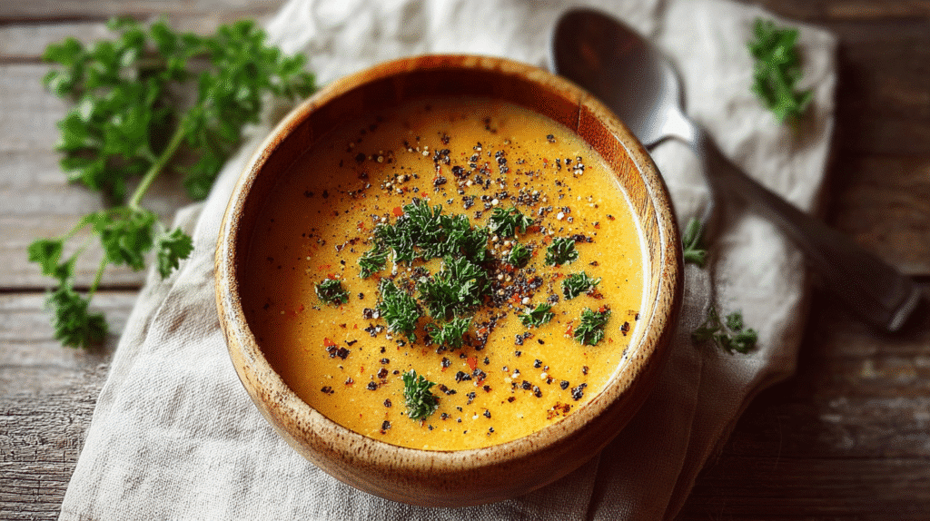 Creamy blended soup topped with chopped parsley and cracked black pepper, served in a rustic bowl on a cloth napkin with a wooden spoon beside it.