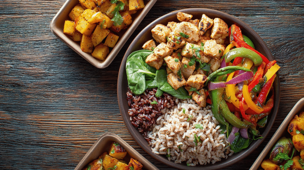 Chicken stir-fry with colorful vegetables served with a side of brown rice on a dark plate over rustic wooden table.