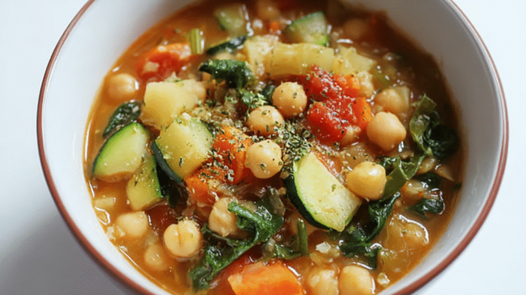 Chickpea vegetable soup with zucchini, carrots, potatoes, tomatoes, and leafy greens served in a white bowl.