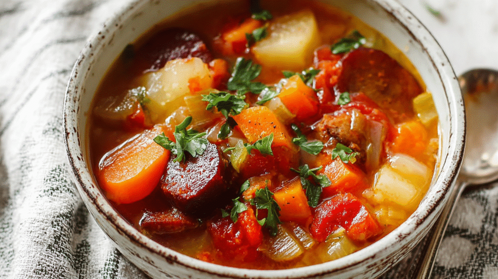 Hearty vegetable soup with carrots, potatoes, beets, and fresh herbs served in a rustic bowl.