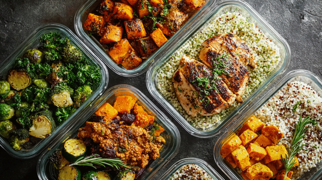 Gluten-free meal prep containers filled with grilled chicken, quinoa, roasted vegetables, and sweet potatoes arranged on a stone surface.