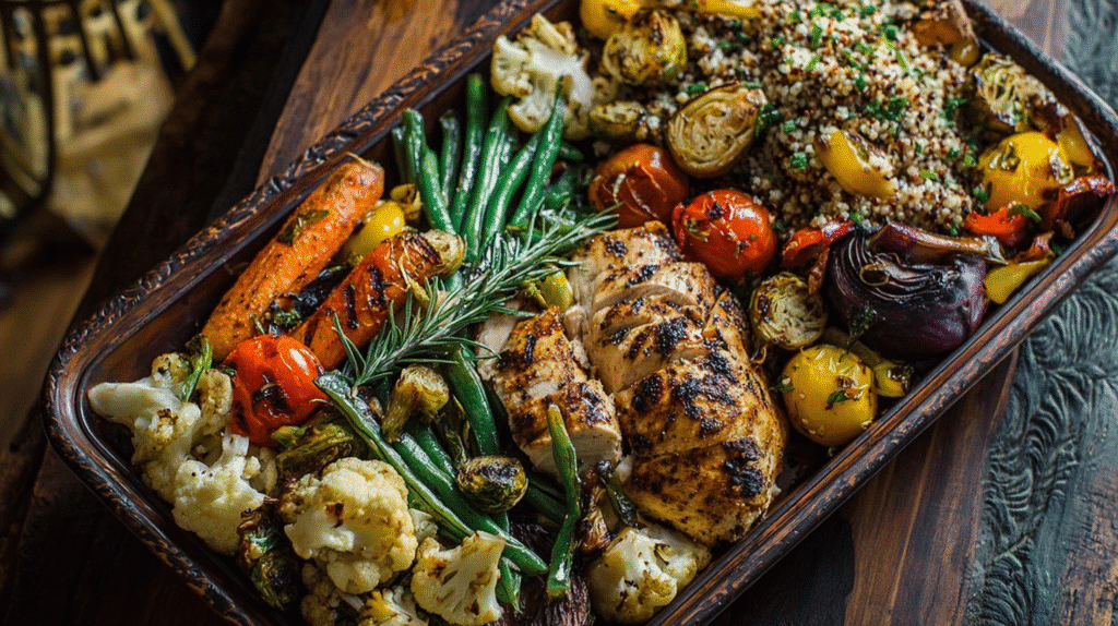 Grilled chicken with roasted vegetables and herbs served on a wooden platter alongside a portion of rice.