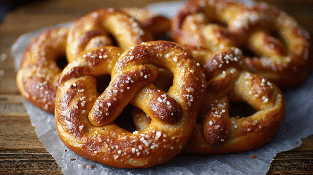 Golden-brown gluten-free soft pretzels topped with coarse salt on parchment paper.