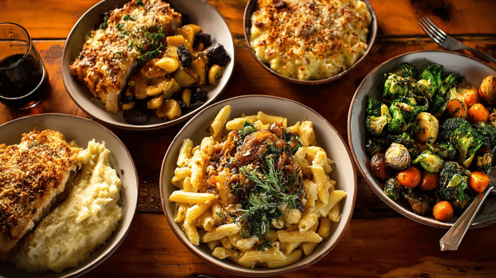 Assorted gluten-free comfort food dishes including pasta, roasted vegetables, chicken, salads, and creamy sides arranged on a wooden dining table.