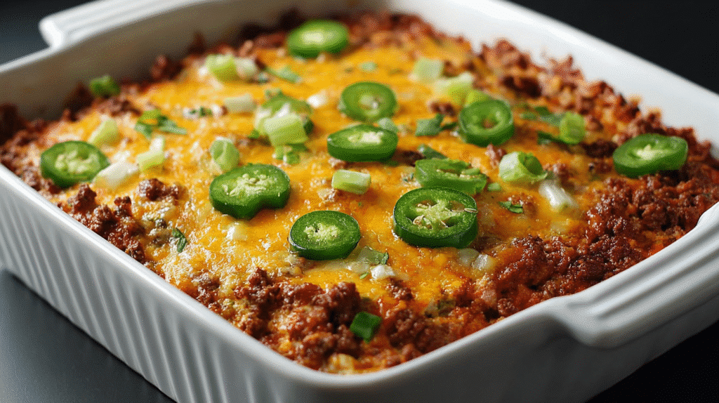 Spicy beef casserole topped with melted cheese, sliced jalapeños, and chopped green onions in a white baking dish.