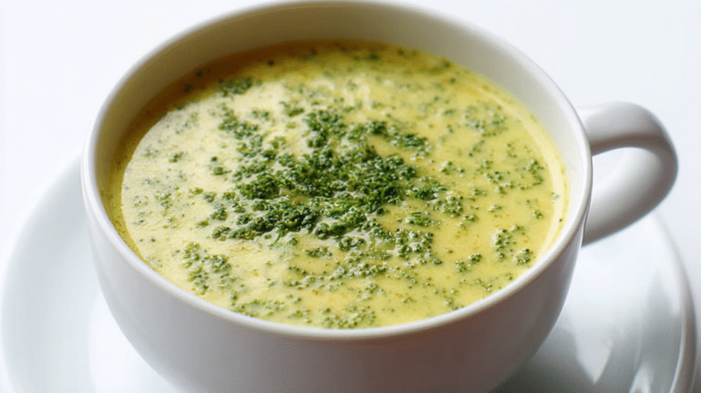Creamy broccoli soup served in a white ceramic mug on a light background.