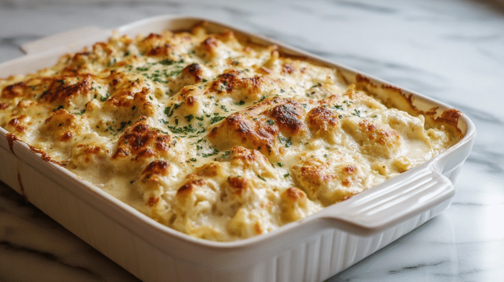 Creamy chicken Alfredo bake with a golden bubbly cheese topping in a white rectangular baking dish on a marble surface.