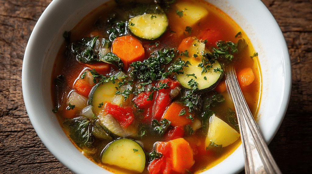 Vegetable soup with zucchini, carrots, potatoes, tomatoes, and kale served in a white bowl on a rustic wooden table.