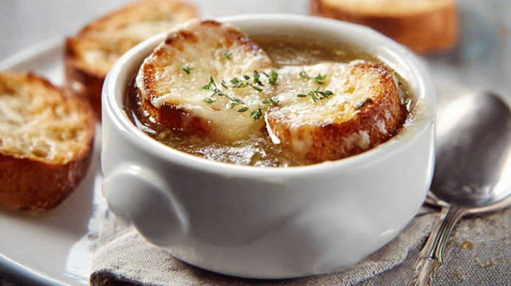 French onion soup topped with toasted bread and melted cheese served in a white ceramic bowl.