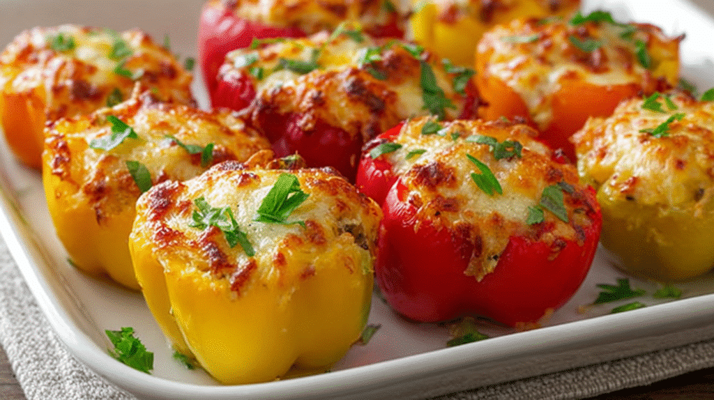 Colorful mini bell peppers stuffed with melted cheddar and topped with herbs on a white serving platter.