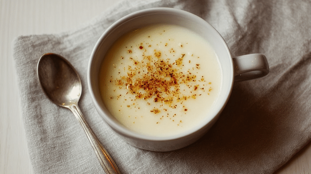Creamy white soup served in a white mug, topped with a sprinkle of seasoning, placed on a beige cloth with a spoon beside it.