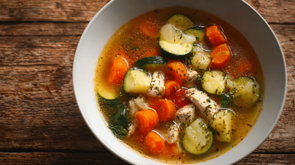 A bowl of chicken and vegetable soup with carrots, zucchini, and shredded chicken served in a white bowl on a rustic wooden table.