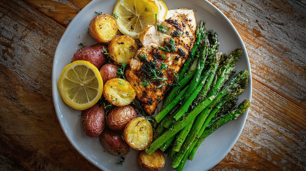 Sliced lemon chicken served with roasted baby potatoes and sautéed asparagus on a white plate over a rustic wooden table.
