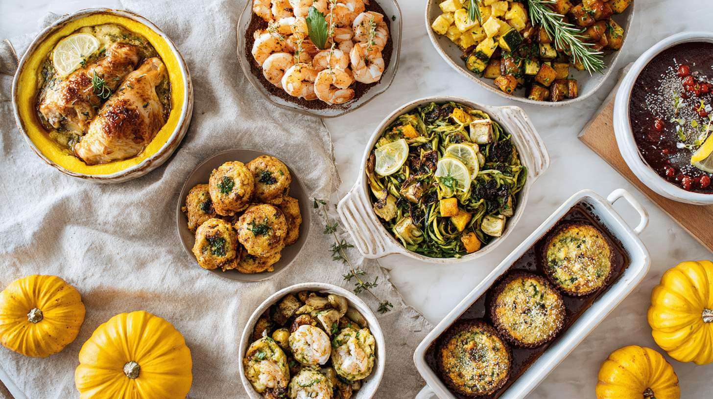 An assortment of eight homemade dishes including roasted chicken with vegetables, shrimp, quinoa bowl, pesto zucchini noodles, egg muffins, baked muffins, smoothie bowl, and chocolate mug cake.